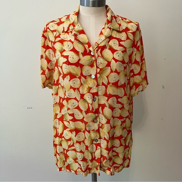 City Silk Tops - VTG Silk  Lemon Fruit Print Top Womens Sz M Orange Novelty Casual Blouse